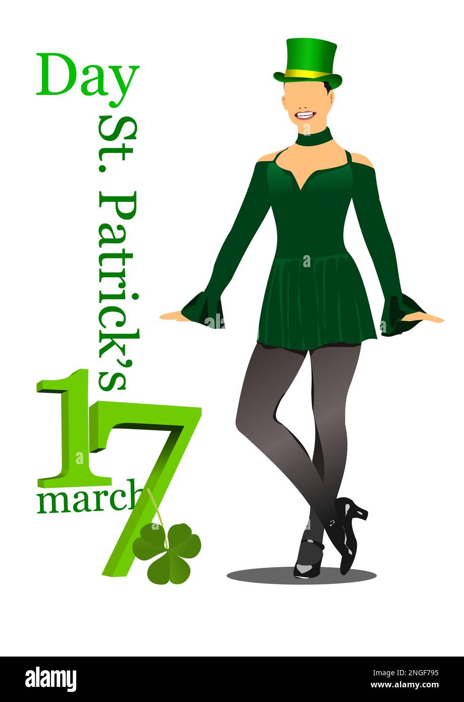 St. Patricks Tag. Ein Mädchen mit grünem Hut tanzt riverdance. 3D-Vektordarstellung Stock Vektor