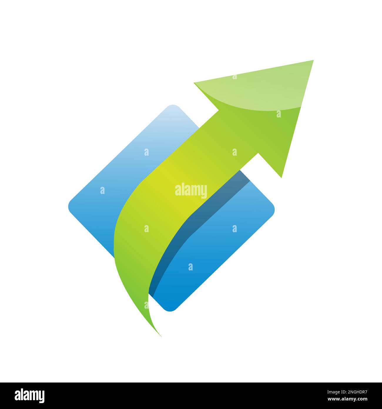 Grüne Energie, die aus einem Sonnenkollektor kommt, mit einem blauen Rhombus und einem grünen Pfeil. Vector-Logo für erneuerbare Energie. 2050 netto emissionsfrei Stock Vektor