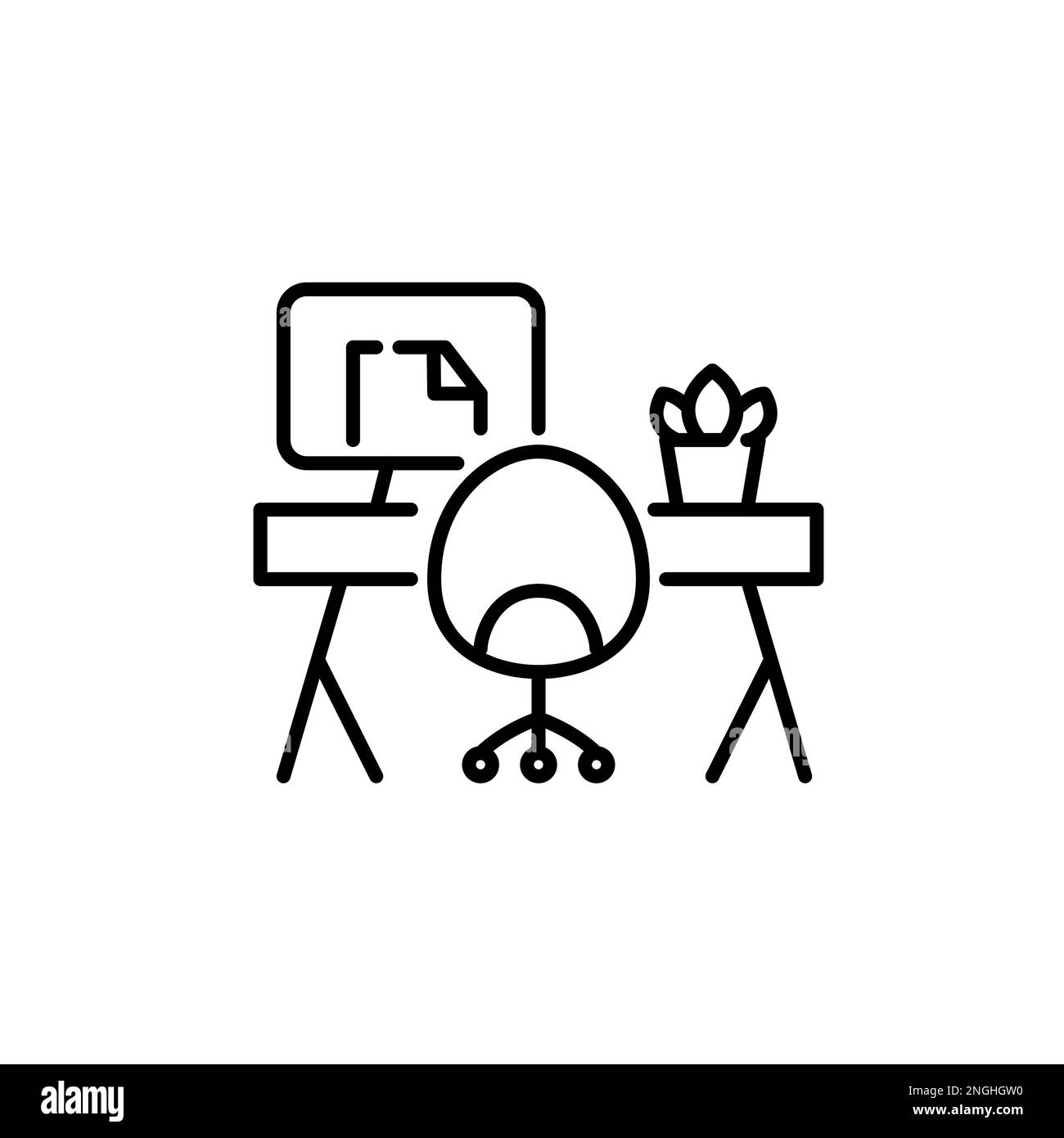 Gemütliches Home Office für freiberufliche Mitarbeiter. Drehstuhl, Schreibtisch und Blumentopf. Pixelgenaue, bearbeitbare Kontur Stock Vektor