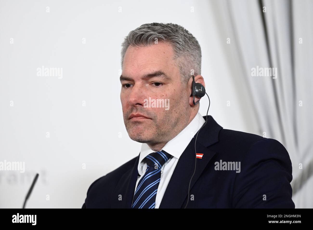 Wien, Österreich. 16. Februar 2023. Presseerklärung des österreichischen Bundeskanzlers Karl Nehammer Stockfoto