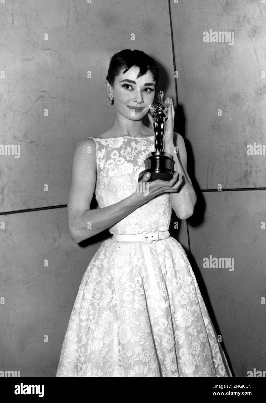 Oscar winner Audrey Hepburn poses with her statuette at the 26th Annual Academy Awards ceremony in New York on March 25 1954. Hepburn won for best actress for her portrayal in Roman Holiday