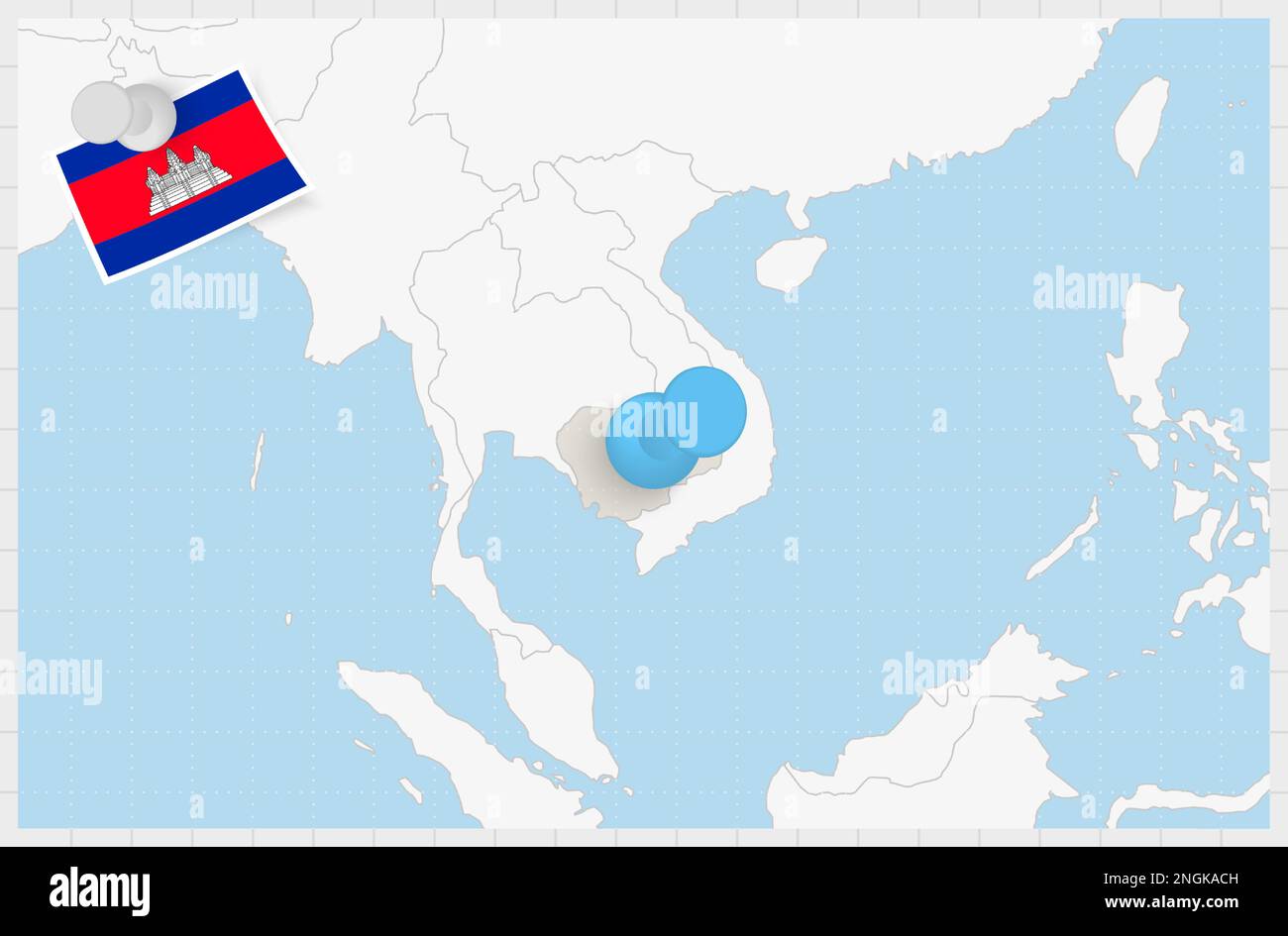 Karte von Kambodscha mit einer blauen Nadel. Festsitzende Flagge Kambodschas, Vektordarstellung. Stock Vektor