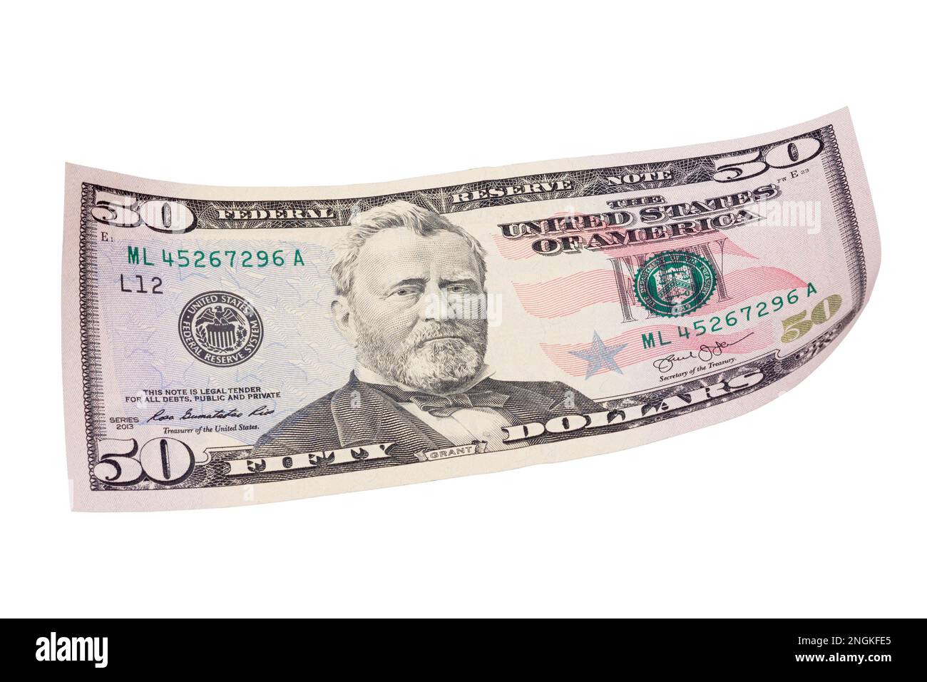 50-Dollar-Banknote auf weißem Hintergrund. Stockfoto