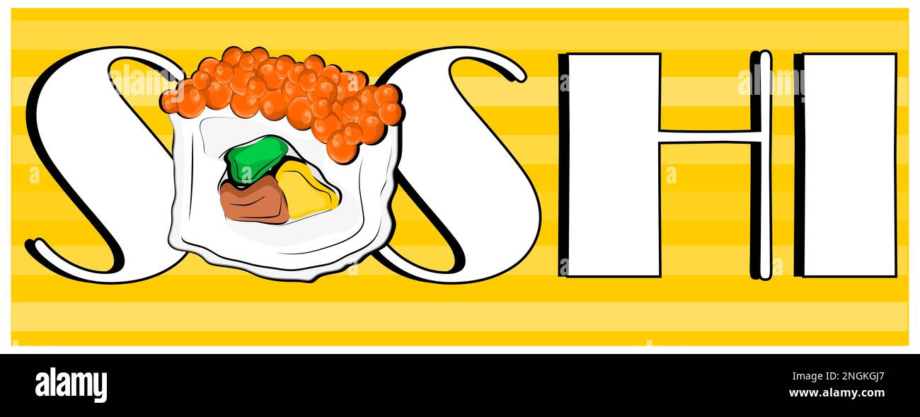 Weißes Sushi mit weißen Buchstaben Stockfoto