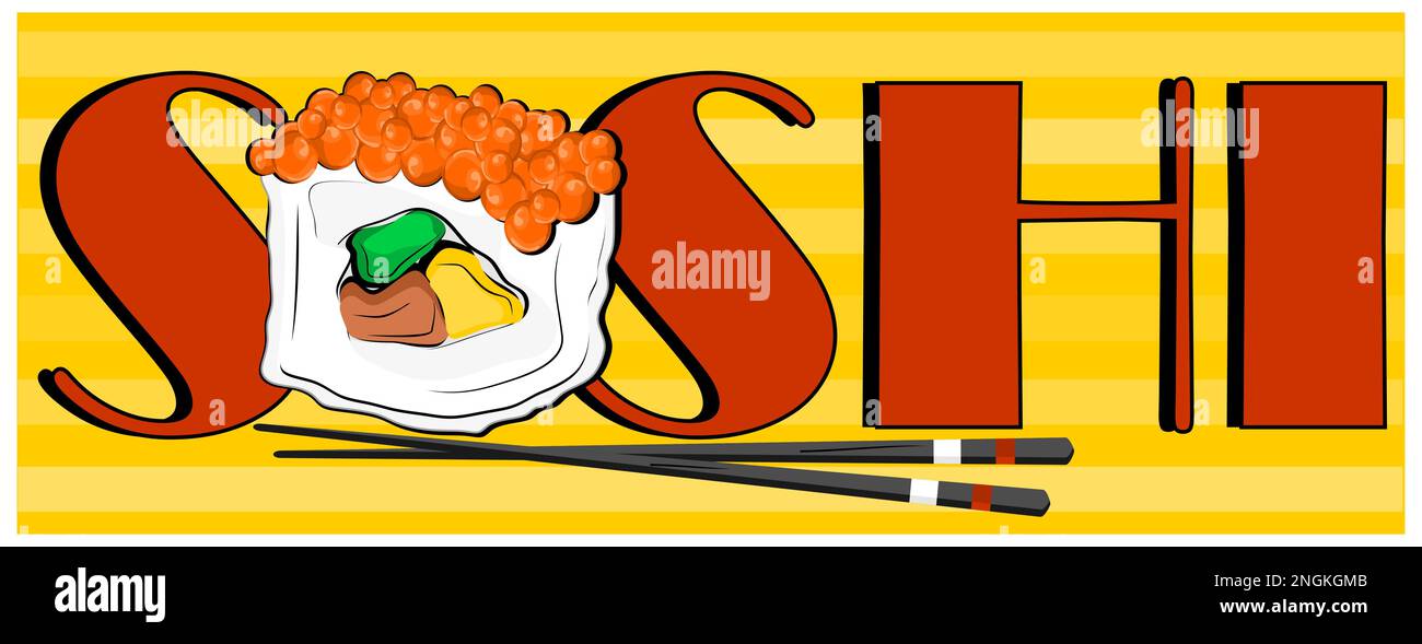 Sushi mit Stöcken und Buchstaben Stockfoto