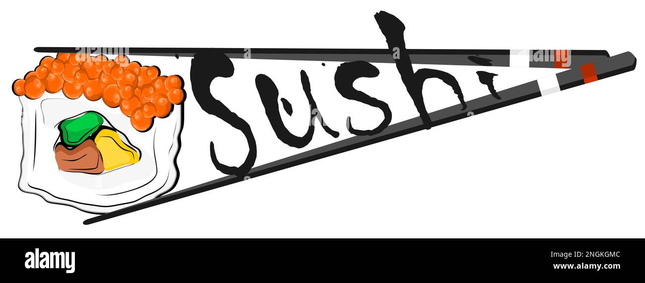 Sushi mit Stöcken und Buchstaben Stockfoto