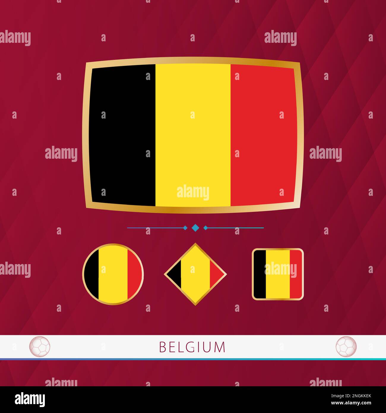 Set aus belgischen Flaggen mit goldenem Rahmen zur Verwendung bei Sportveranstaltungen auf burgunderfarbenem abstraktem Hintergrund. Vektorsammlung von Flaggen. Stock Vektor