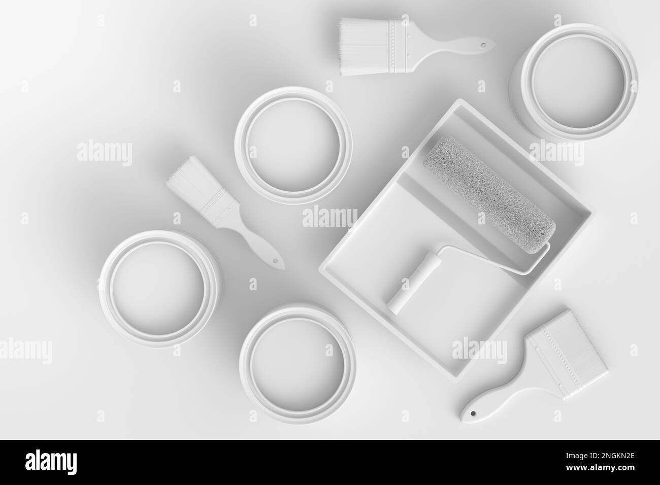 Set aus Metalldosen oder -Eimern mit Malerwalze und Ablage zum Streichen von Wänden auf einfarbigem Hintergrund. 3D Rendering von renoviertem Apartmentkonzept und int Stockfoto