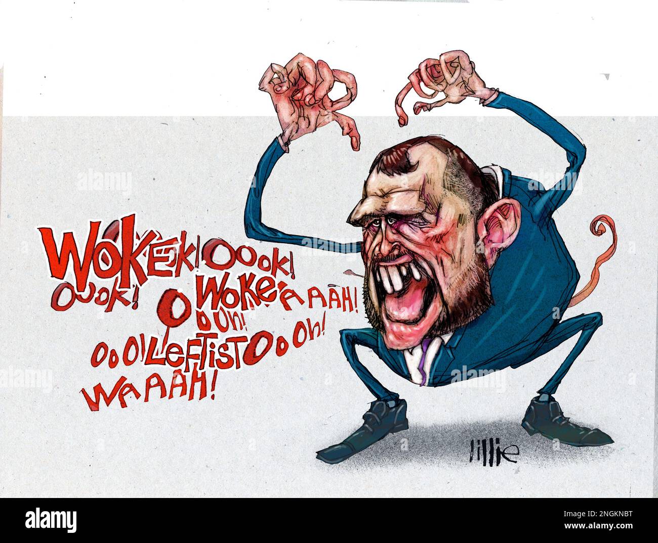 Satire-Stil-Cartoon-Illustration der Karikatur des konservativen Parteipolitikers Jonathan Gullis. Verweis auf die Ausbrüche von Gullis in den Medien und während der PMQs Stockfoto