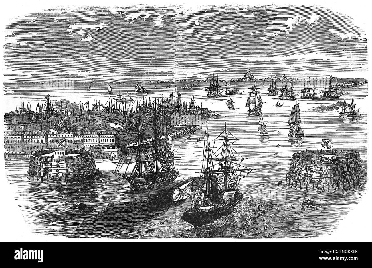 Hafen von Kronstadt im 19. Jahrhundert; Schwarz-Weiß-Illustration Stockfoto