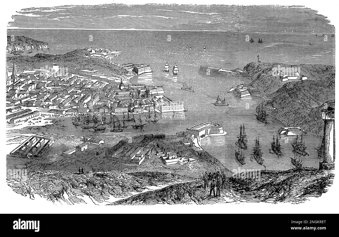 Der Hafen von Sewastopol im 19. Jahrhundert; Schwarzweiß-Illustration Stockfoto