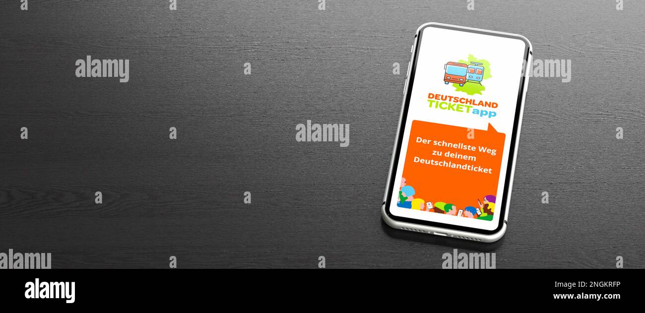 Der Startbildschirm der App für das deutsche allgemeine Ticket für öffentliche Verkehrsmittel („Deutschlandticket“), das unbegrenzte öffentliche Verkehrsmittel für einen Mond ermöglicht Stockfoto