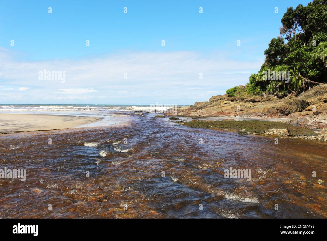 Ein Fluss aus kristallinem Wasser, der aus dem Atlantikwald kommt, trifft auf das Meer, an einem Strand an der Cocoa Coast. Stockfoto