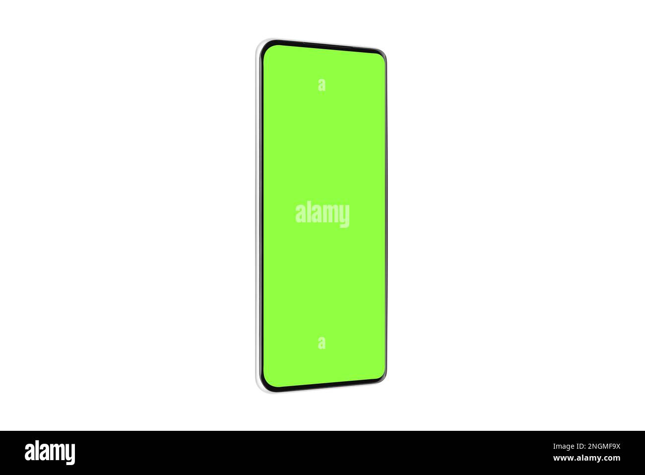 Rahmenloses modernes Smartphone Mockup mit Chroma Key Bildschirm isoliert auf weißem Hintergrund basierend auf hochwertiger Studioaufnahme, Smartphone rahmenloses Design Stockfoto