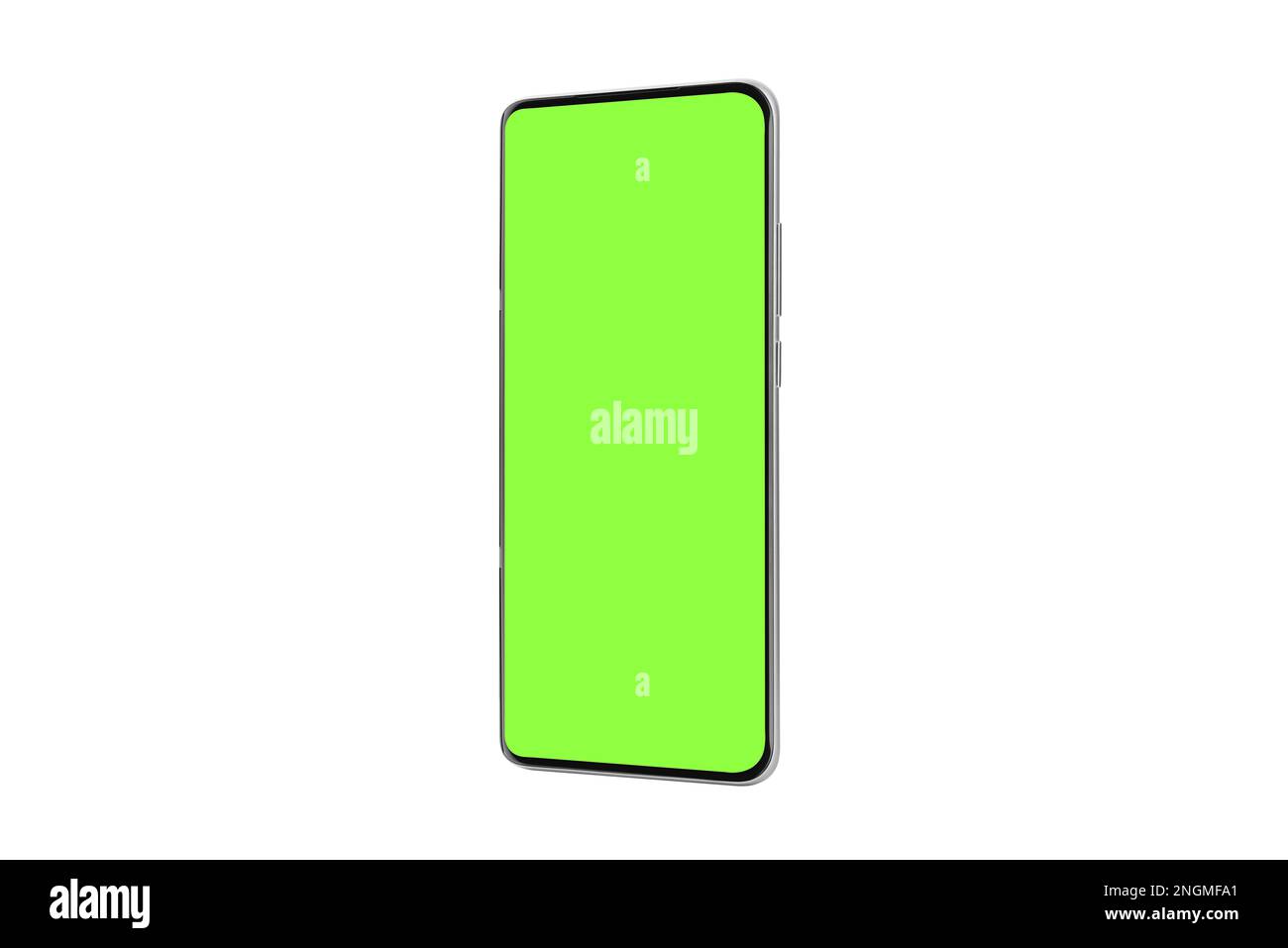 Rahmenloses modernes Smartphone Mockup mit Chroma Key Bildschirm isoliert auf weißem Hintergrund basierend auf hochwertiger Studioaufnahme, Smartphone rahmenloses Design Stockfoto