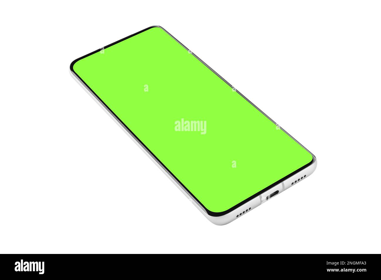 Rahmenloses modernes Smartphone Mockup mit Chroma Key Bildschirm isoliert auf weißem Hintergrund basierend auf hochwertiger Studioaufnahme, Smartphone rahmenloses Design Stockfoto