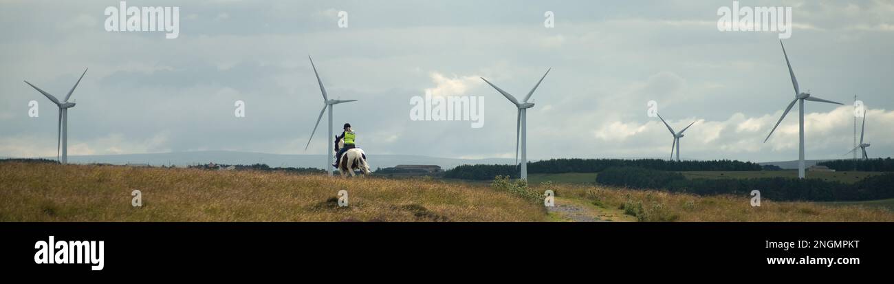Landschaftsbild mit Reitern auf unebenem Boden mit sechs Windturbinen in der Ferne im Frühsommer Stockfoto