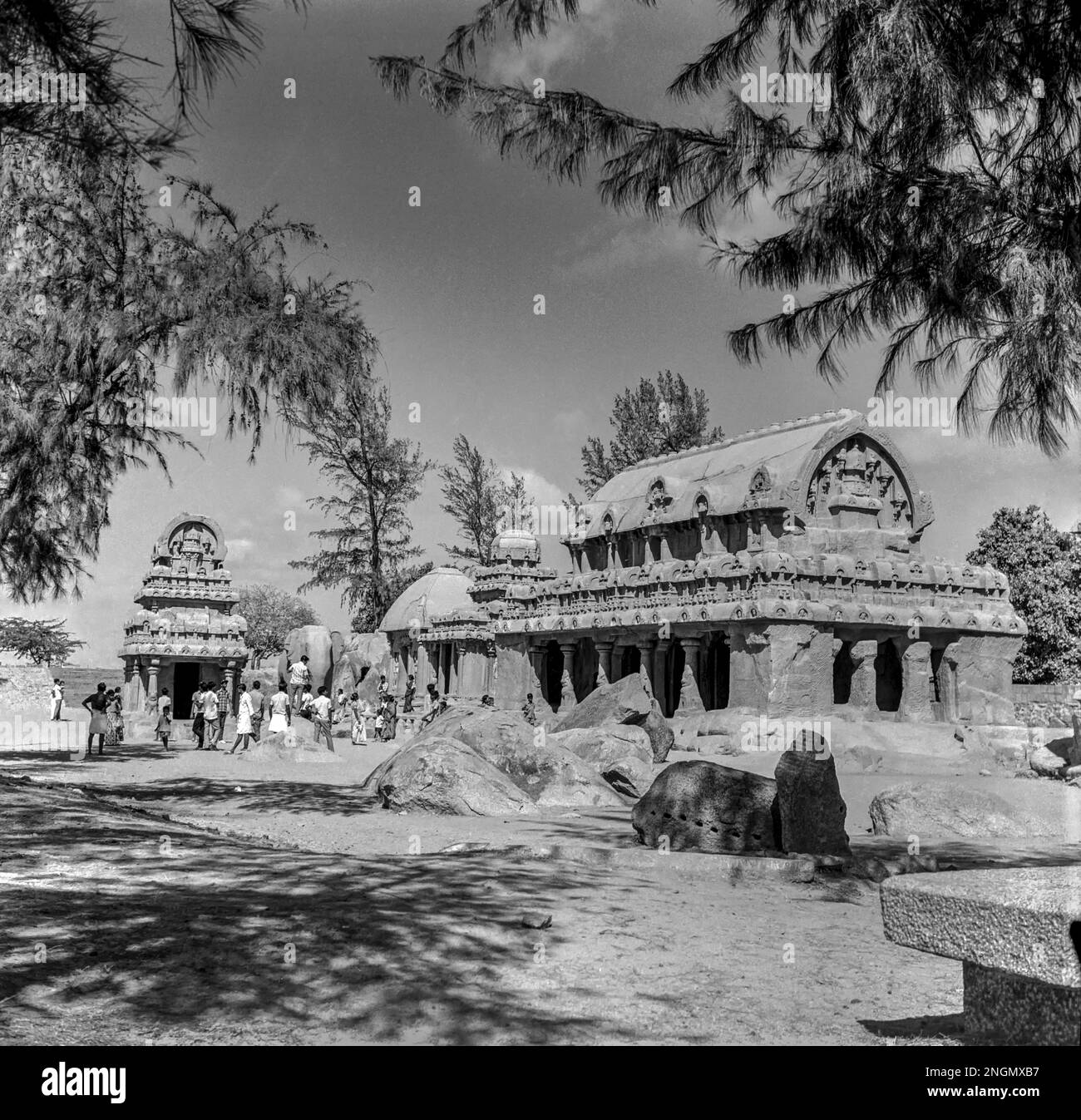 Fünf Rathas in Mamallapuram oder mahabalipuram, Tamil nadu 7. Century, Indien Stockfoto