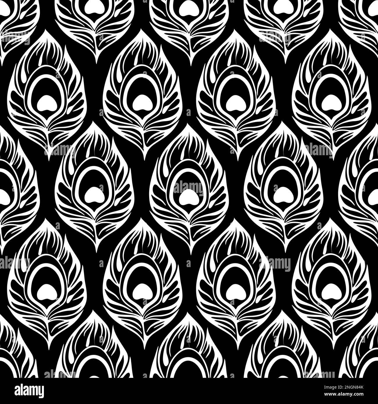 Nahtloses Konturmuster aus weißen Pfauenfedern auf schwarzem Hintergrund, Struktur, Design Stockfoto