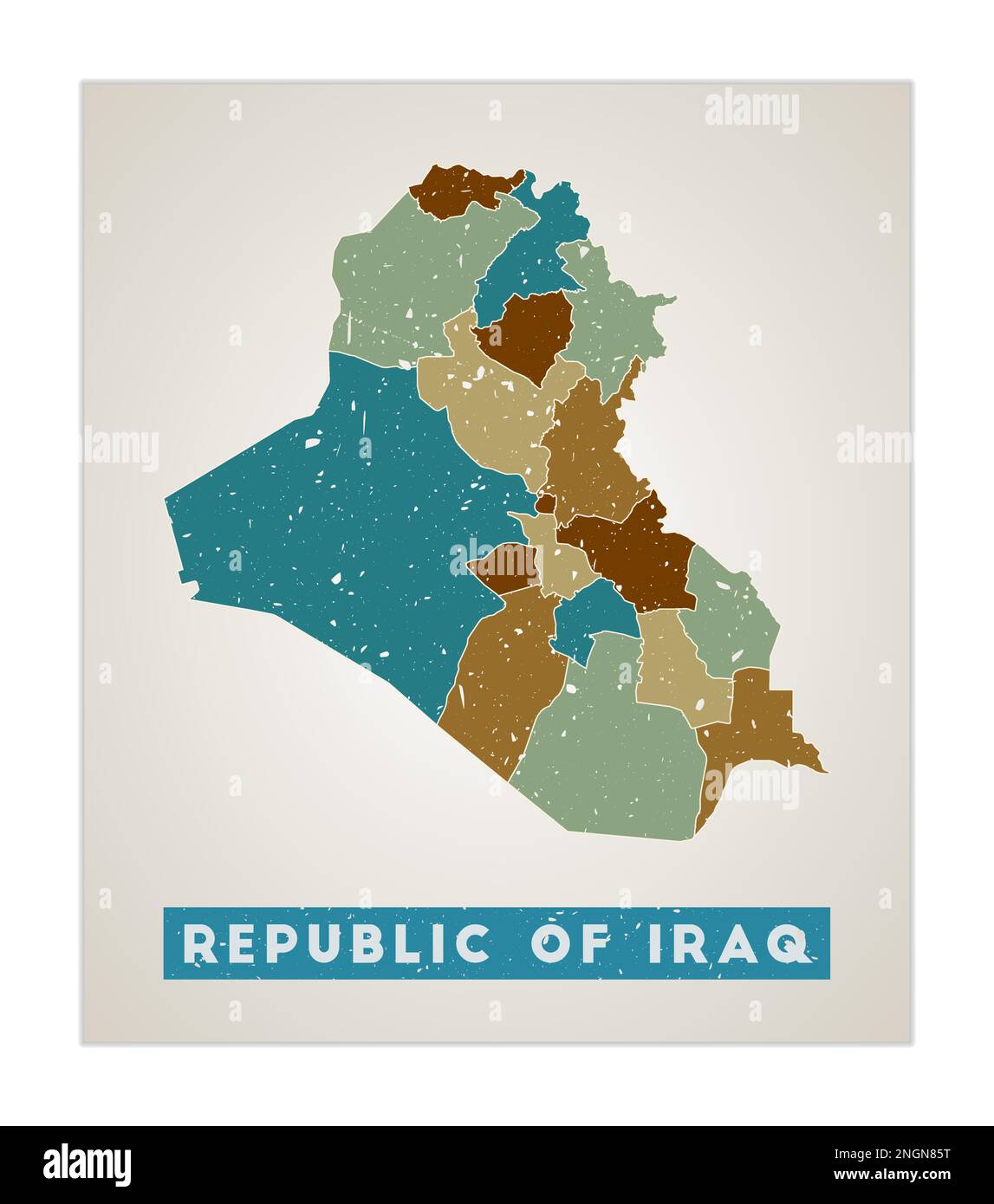 Landkarte der Republik Irak. Länderposter mit Regionen. Alte Grunge-Textur. Form der Republik Irak mit Ländername. Saubere Vektordarstellung. Stock Vektor