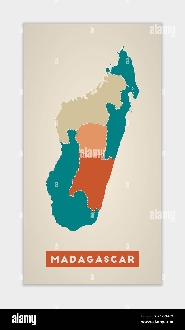 Madagaskar-Poster. Landkarte mit bunten Regionen. Form Madagaskar mit Ländernamen. Leistungsstarke Vektordarstellung. Stock Vektor