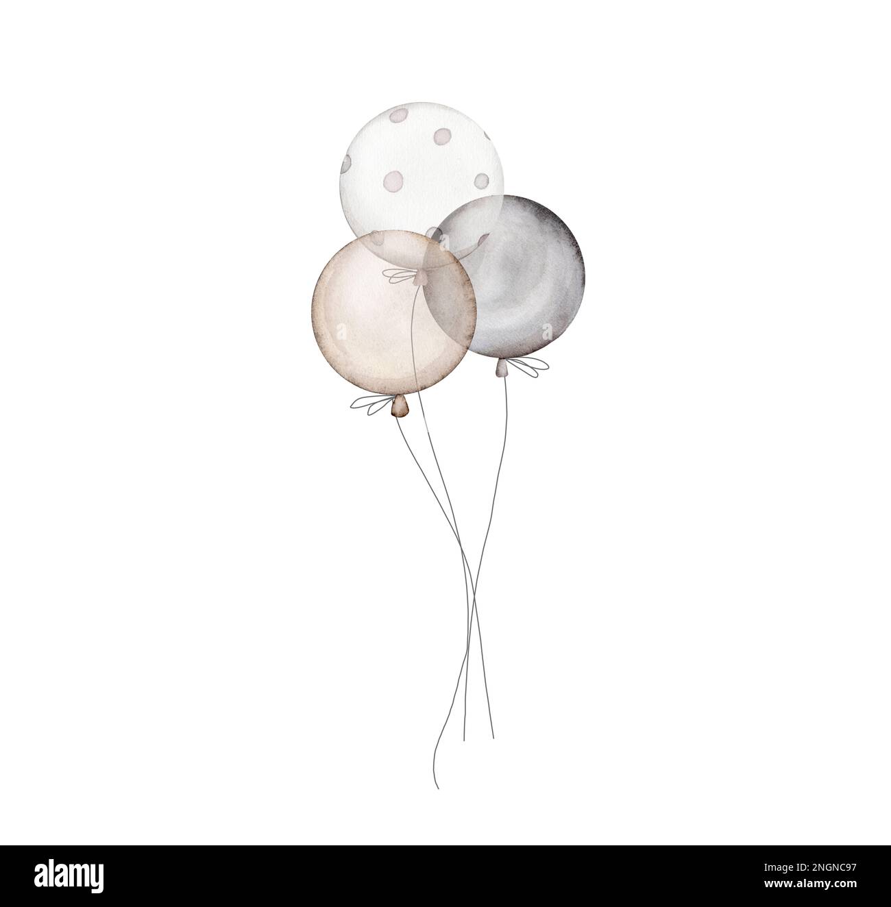 Aquarelle gelbe Luftballons auf weißem Hintergrund. Geburtstagsballons für eine Party-Einladung. Runde aufblasbare Bälle in natürlichen Farbtönen – weiß, beige Stockfoto