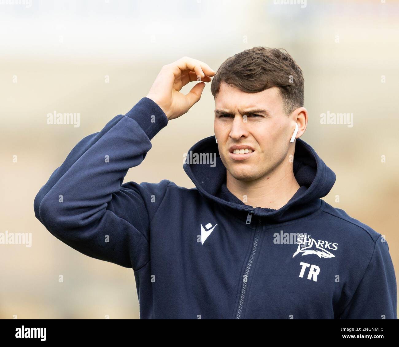 Tom Roebuck of Sale Sharks Ahead of the Gallagher Premiership Match Northampton Saints vs Sale Sharks in Franklin's Gardens, Northampton, Großbritannien, 18. Februar 2023 (Foto von Nick Browning/News Images) Stockfoto