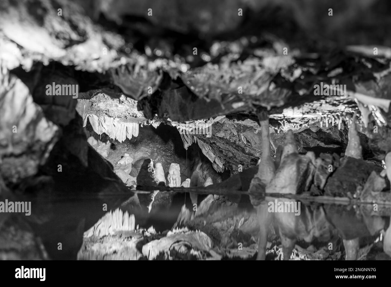 Die Felsformation der Alladins Cave und der Spiegelpool in der Goughs Cave in Cheddar in Somerset Stockfoto