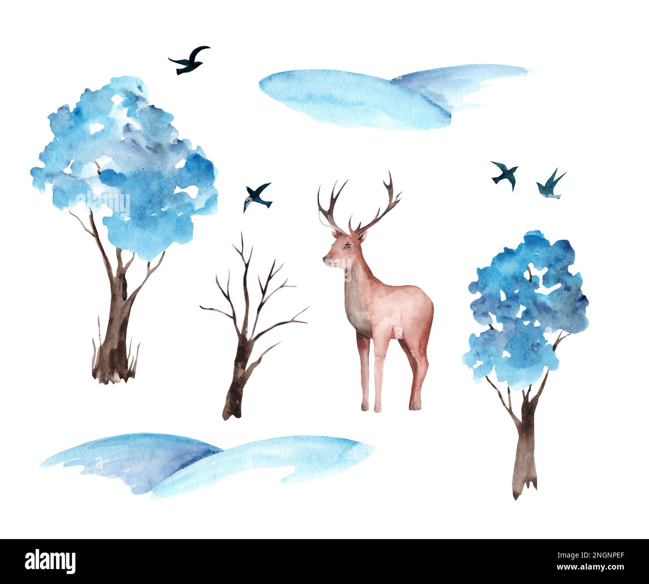Set mit süßen wasserfarbenen Winterbildern. Schneeverwehungen, schneebedeckte Bäume, Rentiere, Vögel auf weißem Hintergrund. Skandinavien, Norden Stockfoto