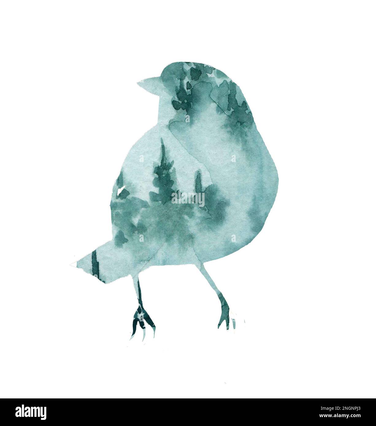 Stilisierte Aquarelldarstellung eines Vogels. Silhouette von Tieren mit Wald. Logos für wilde Tiere. Tätowierung. Stockfoto