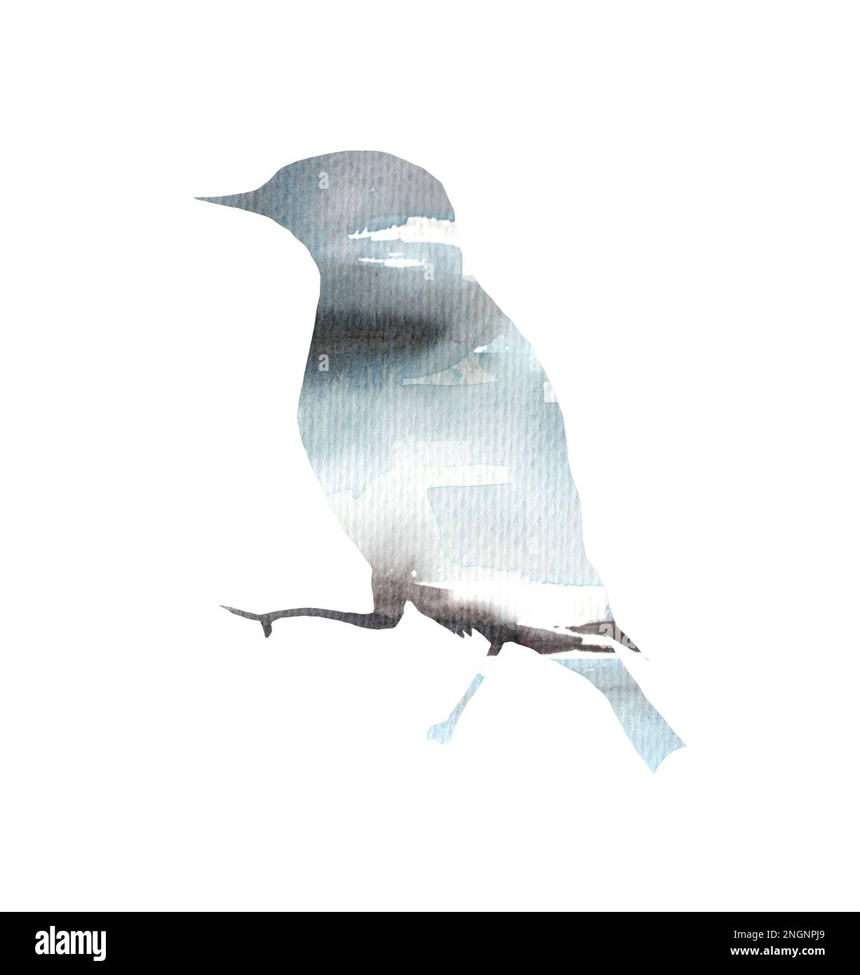 Stilisierte Aquarelldarstellung eines Vogels. Silhouette von Tieren mit Wald. Logos für wilde Tiere. Tätowierung. Stockfoto