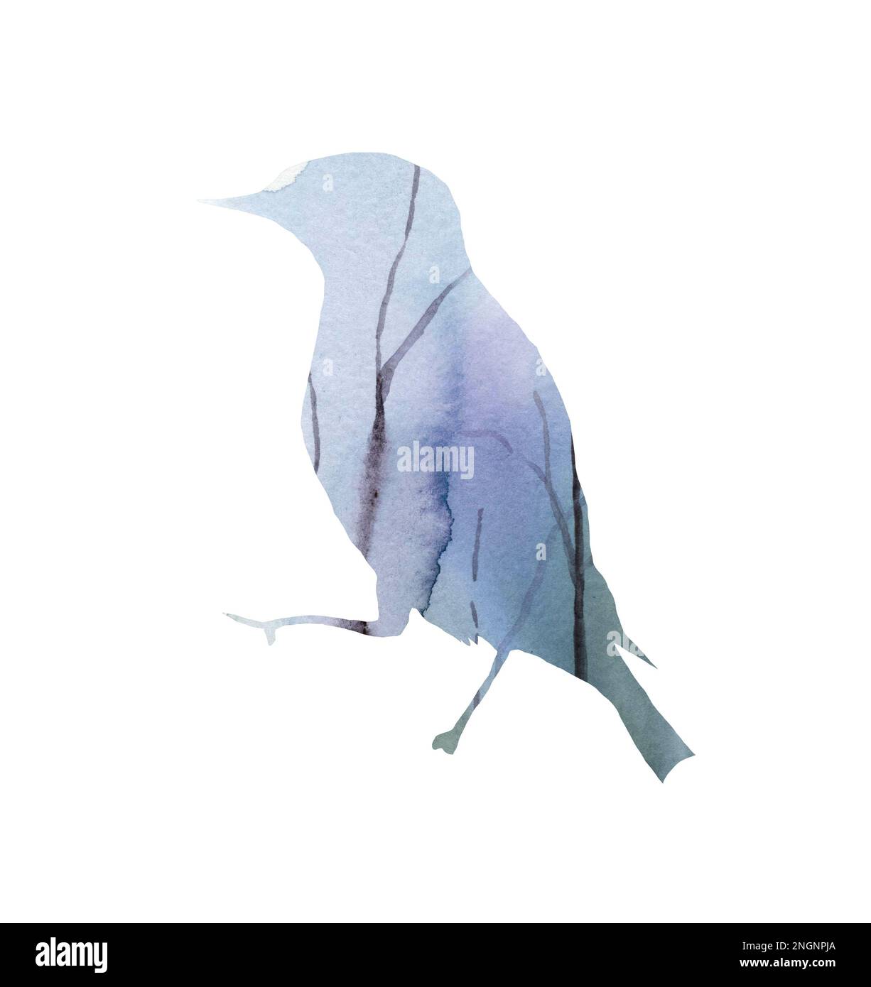 Stilisierte Aquarelldarstellung eines Vogels. Silhouette von Tieren mit Wald. Logos für wilde Tiere. Tätowierung. Stockfoto