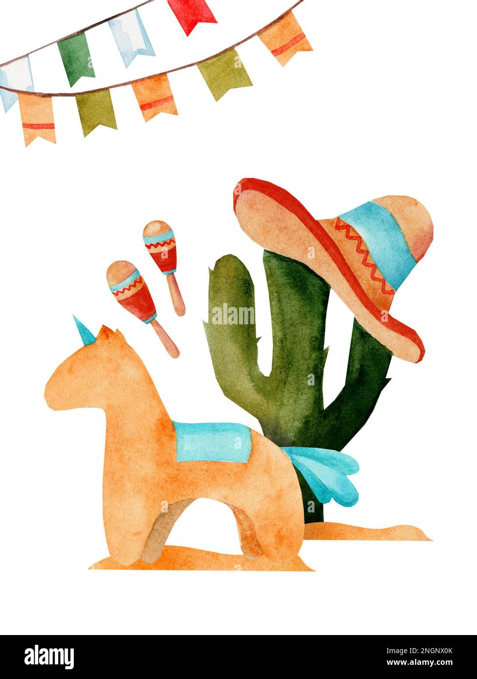 Postkartenvorlage. Aquarell-Darstellung von Cinco de Mayo, mexikanische Küche, traditionelle Festessen-Fiesta und Festivalreisesymbole Stockfoto