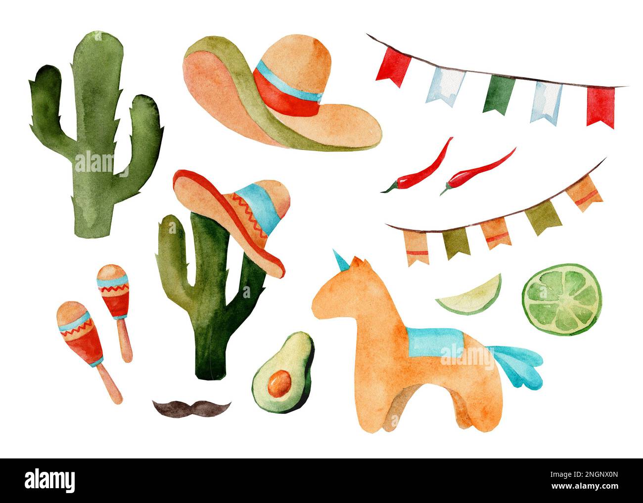 Aquarellfarben-Illustrationen von Cinco de Mayo, mexikanische Küche, traditionelle Festessen und Festivalsymbole reisen Illustrationselemente. Som Stockfoto