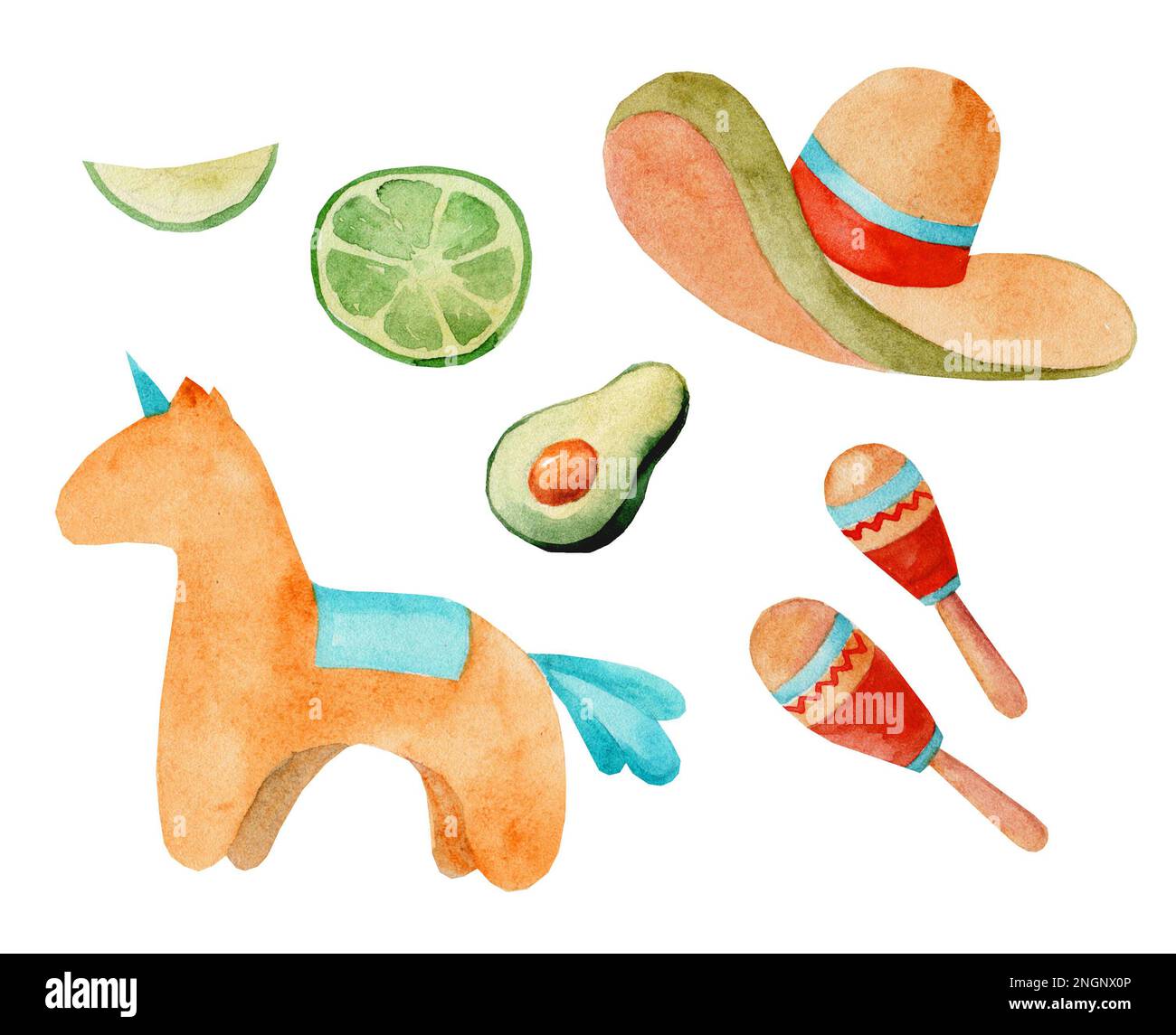 Aquarellfarben-Illustrationen von Cinco de Mayo, mexikanische Küche, traditionelle Festessen und Festivalsymbole reisen Illustrationselemente. Som Stockfoto