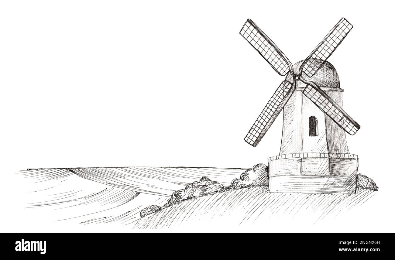 Ländliche Landschaft mit Windmühle und Feldern. Handgemalt im Gravurstil. Stockfoto