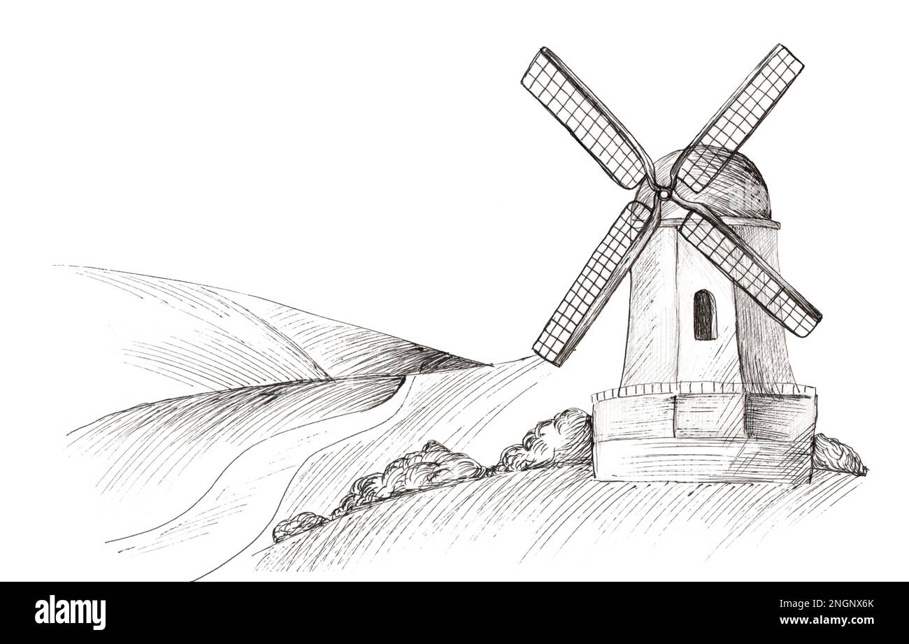 Ländliche Landschaft mit Windmühle und Feldern. Handgemalt im Gravurstil. Stockfoto