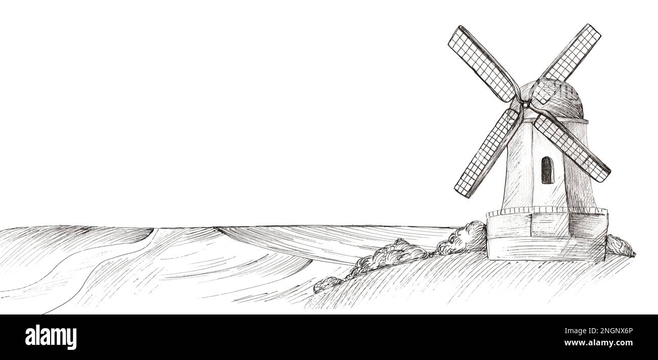 Ländliche Landschaft mit Windmühle und Feldern. Handgemalt im Gravurstil. Stockfoto