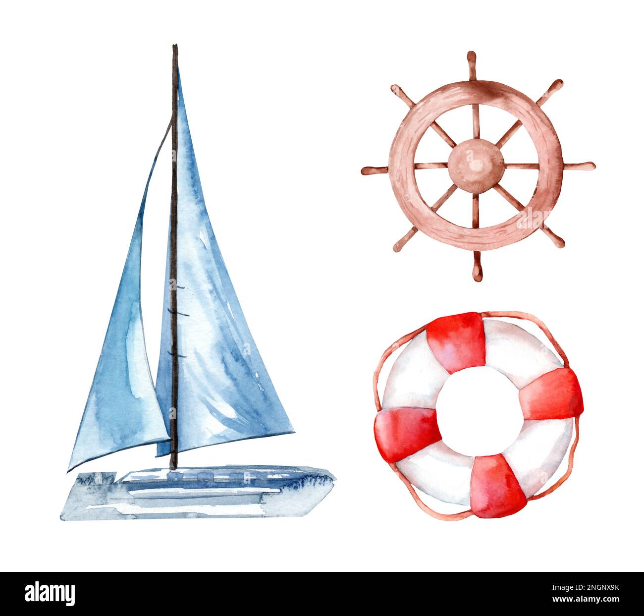 Segelboot auf der Wasseroberfläche, Holzlenkrad, Rettungsboot. Satz von Abbildungen in Aquarellfarben. Jacht Stockfoto