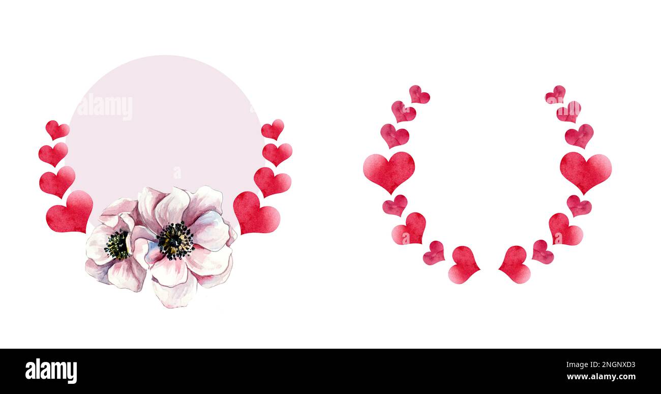 Ein Satz Gestelle zum Valentinstag. Runder Rahmen mit Herz und Blumen. Geben Sie Platz für Text frei. Stockfoto