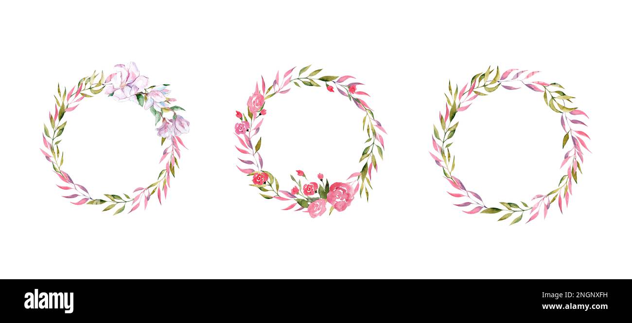 Gestell zur Dekoration mit rosa tropischen Palmenblättern, Magnolienblüten, Rosen. Geben Sie Platz für Text frei. Design für Hochzeiten und Feiertage. Stockfoto
