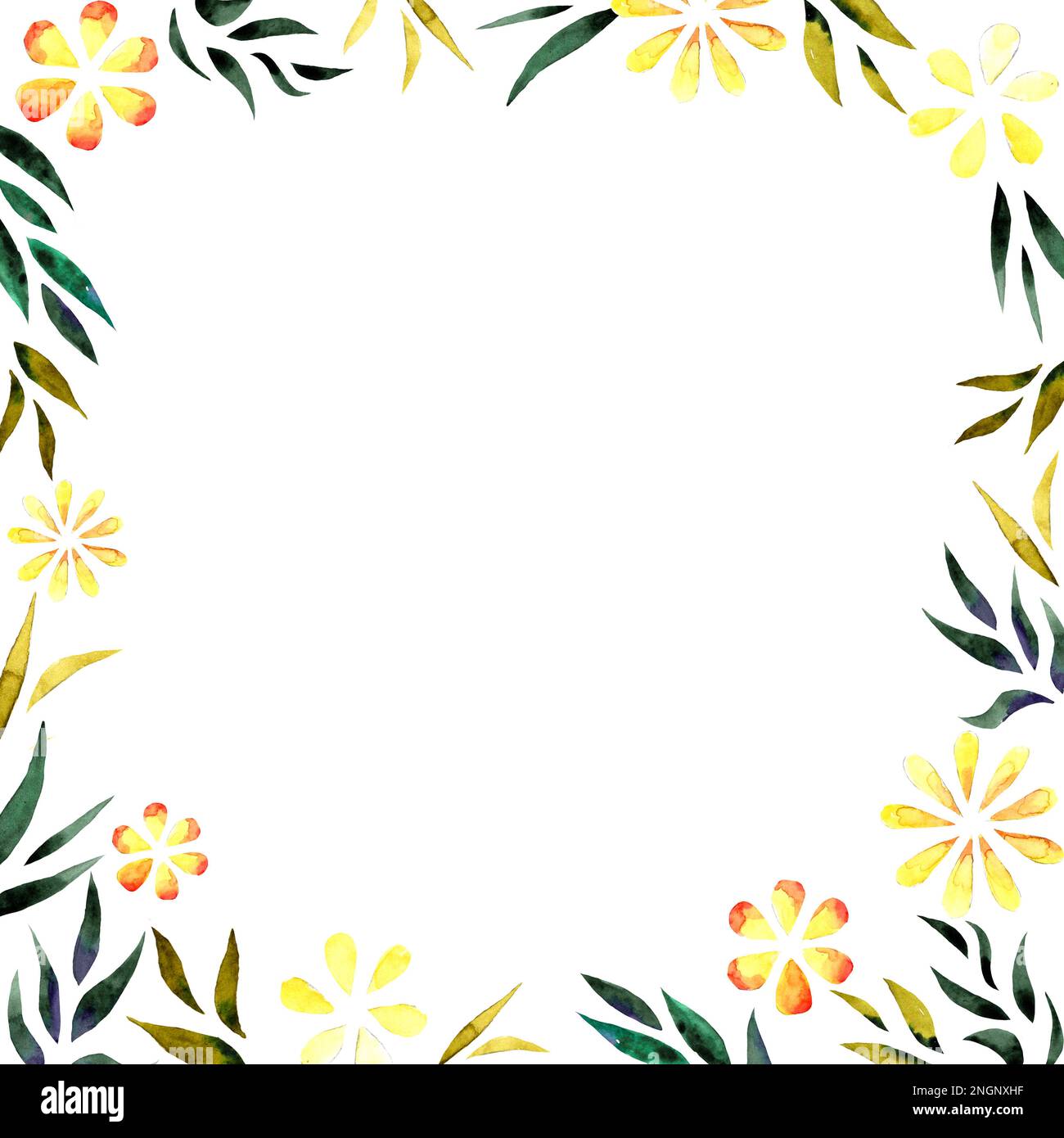 Aquarelle Darstellung gelber Blumen und grüner Blätter. Rahmen zur Dekoration. Geben Sie Platz für Text frei Stockfoto