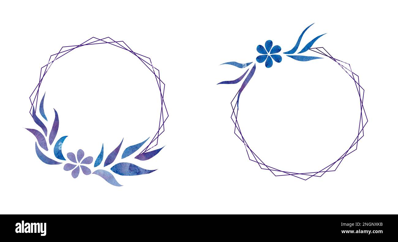 Aquarell-Set von Illustrationen mit blauen Blumen und Zweigen auf weißem Hintergrund. Rahmen zur Dekoration. Geben Sie Platz für Text frei. Stockfoto