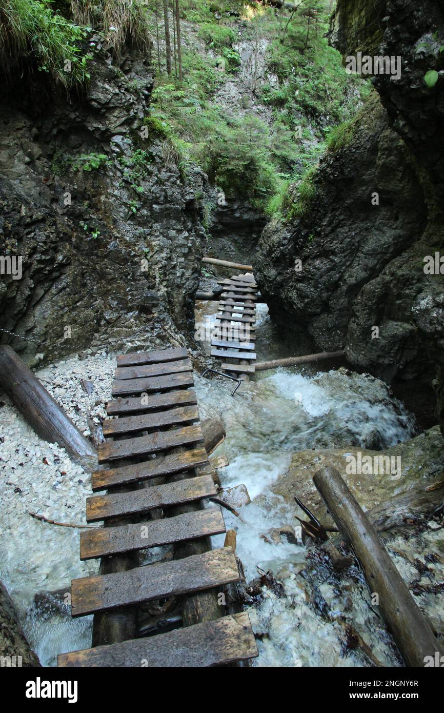 Gefährlicher Pfad durch einen Wasserfall mit Stahlleitern im Slovak Paradise National Park, Slovaki. Slowakei Stockfoto