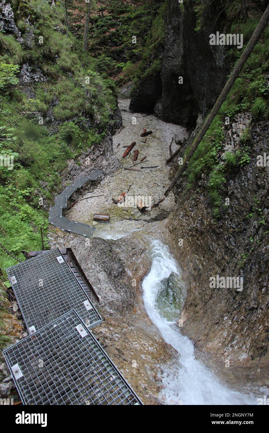 Gefährlicher Pfad durch einen Wasserfall mit Stahlleitern im Slovak Paradise National Park, Slovaki. Slowakei Stockfoto