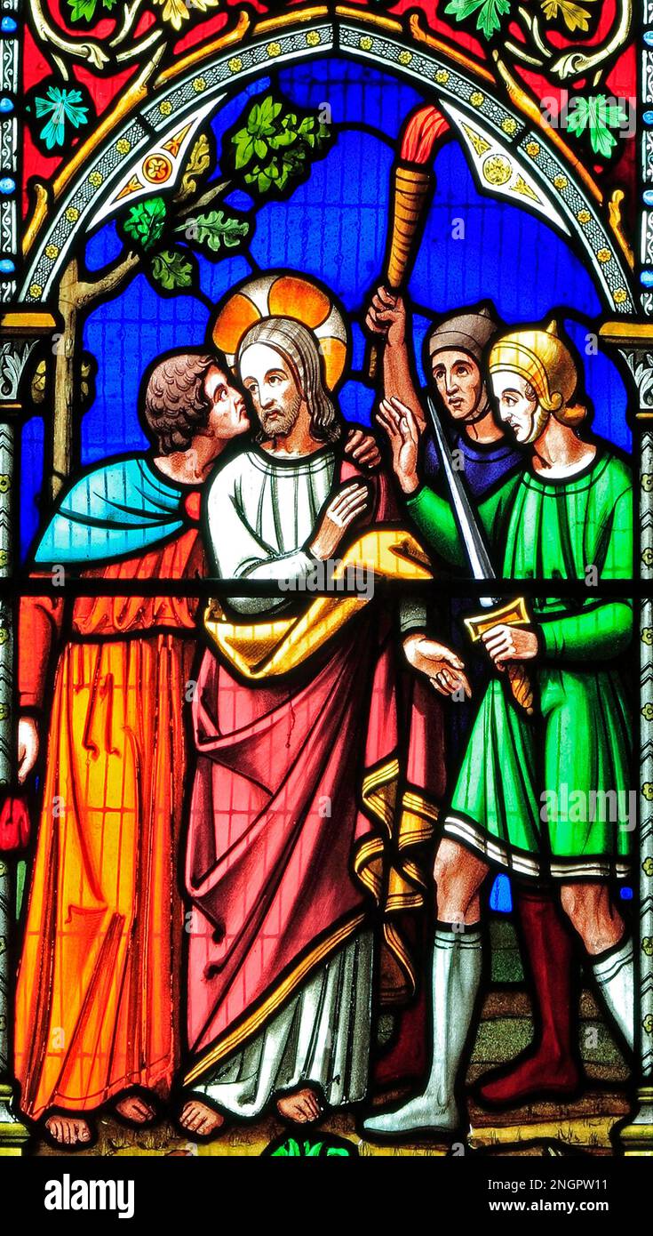 Die Geschichte von Ostern, Kuss von Judas, der Verrat Jesu, Buntglasfenster, von William Warrington, 1854, Gunthorpe, Norfolk, England, Großbritannien Stockfoto