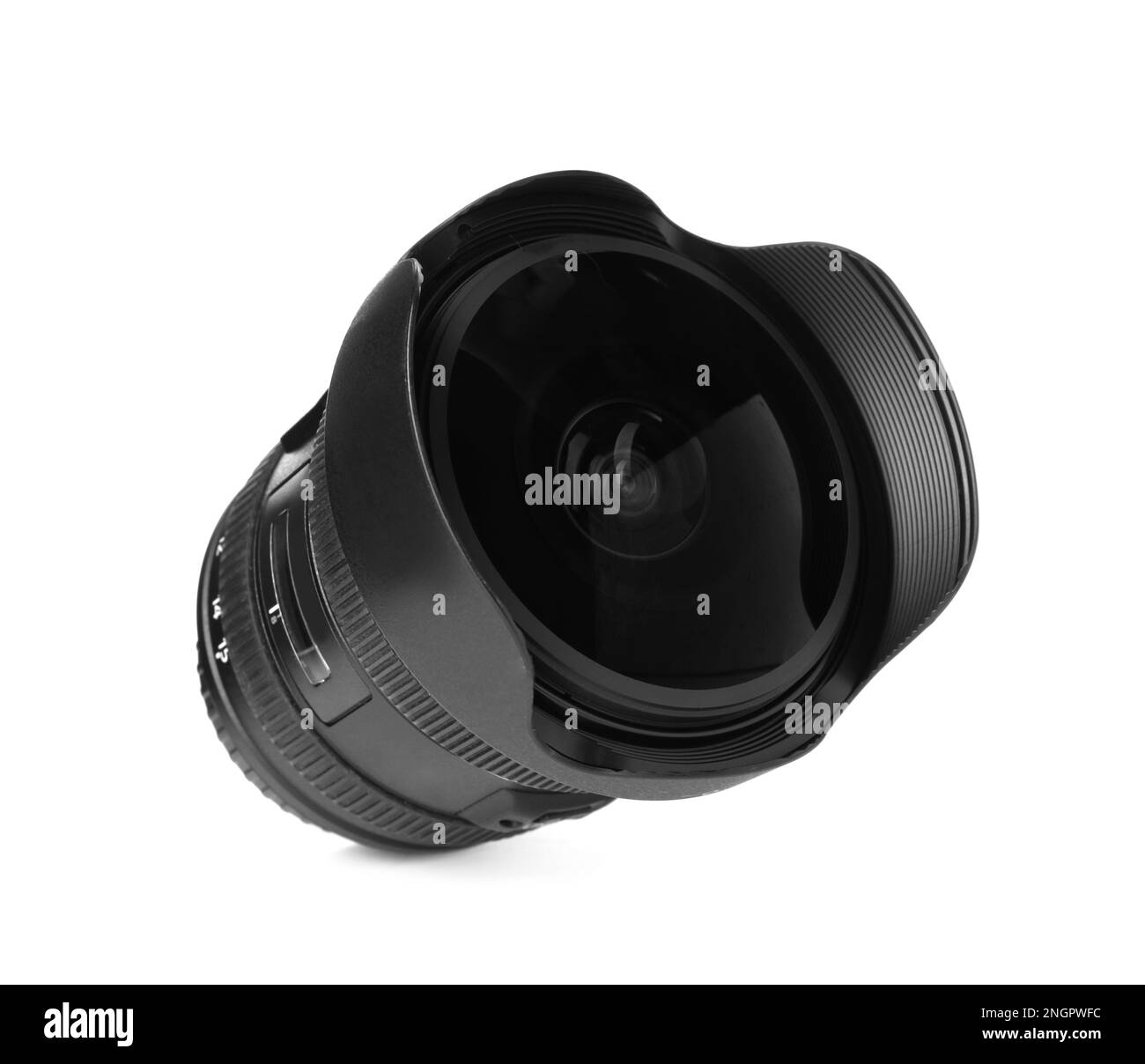 Kameraobjektiv auf weiß isoliert. Fotoausrüstung Stockfoto
