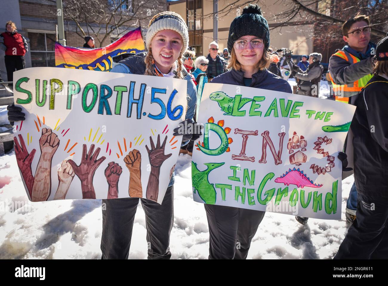 Demonstranten auf einem märz, der Maßnahmen zur Bekämpfung des Klimawandels fordert, Montpelier, VT, USA. Stockfoto