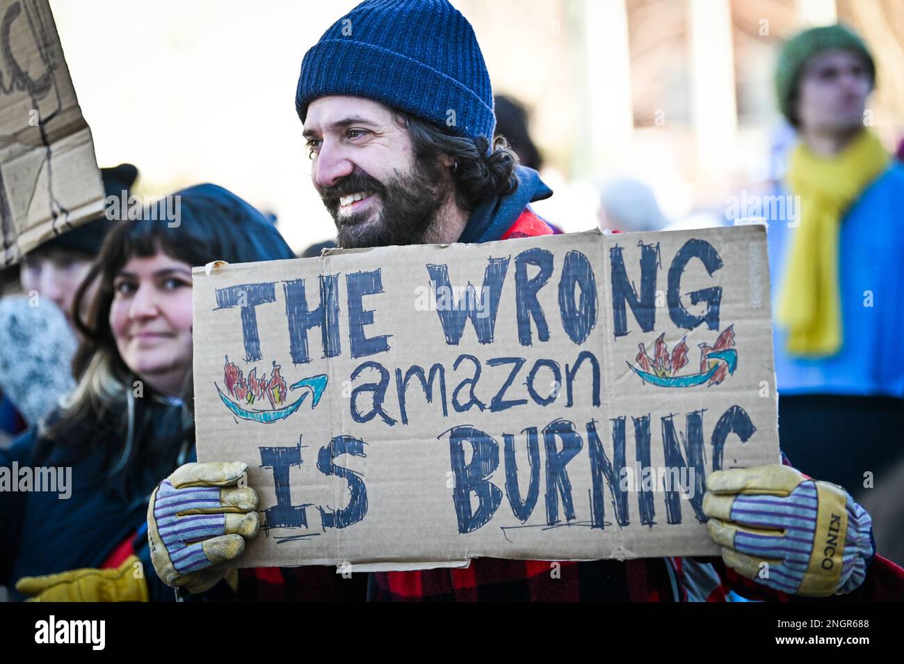 Das Unternehmen Amazon wird im märz in Montpelier, VT, USA, zum Kampf gegen den Klimawandel aufgerufen. Stockfoto