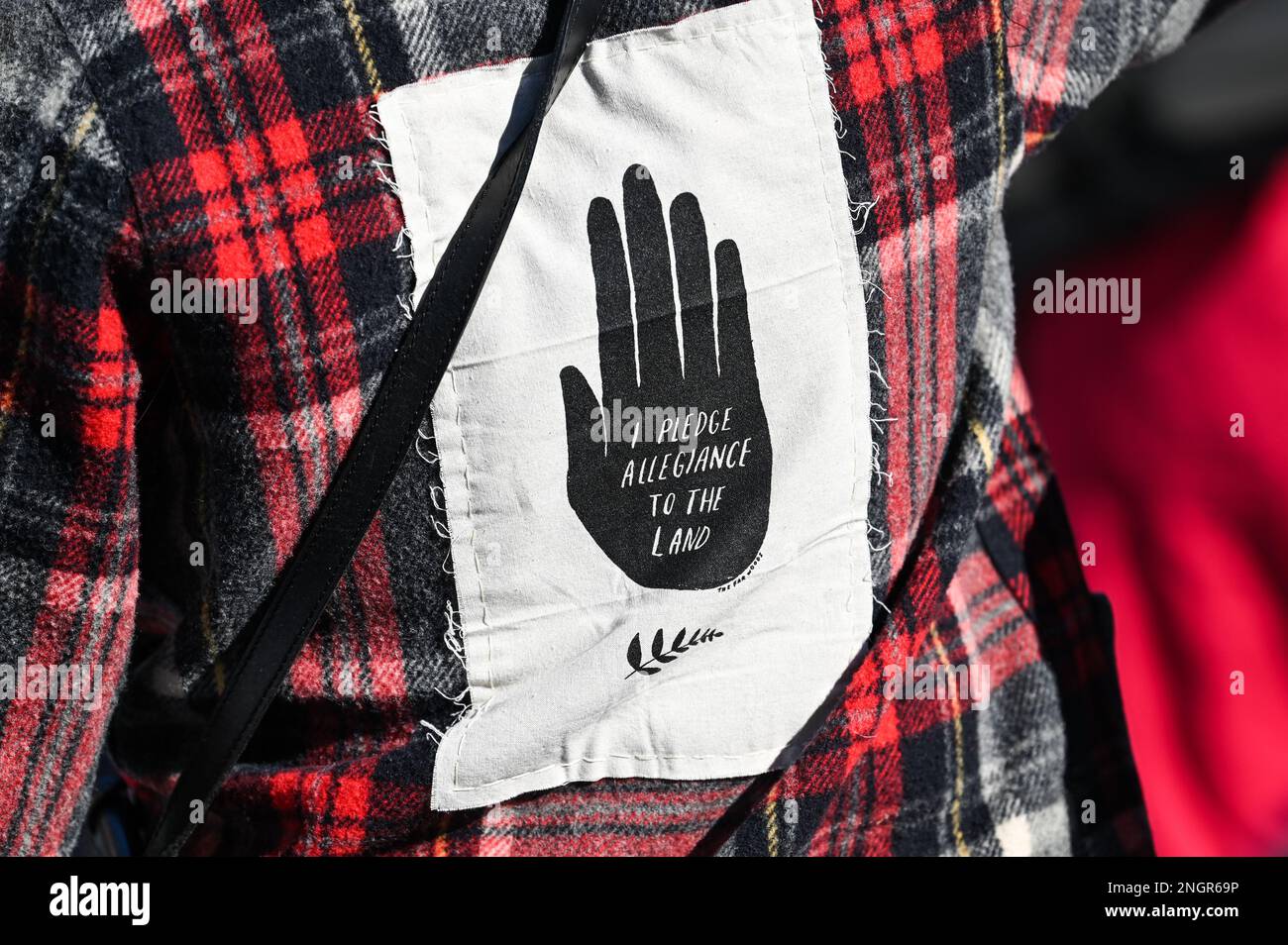 Aufruf zur Loyalität gegenüber dem Land bei einem märz, in dem Maßnahmen zur Bekämpfung des Klimawandels gefordert werden, Montpelier, VT, USA. Stockfoto